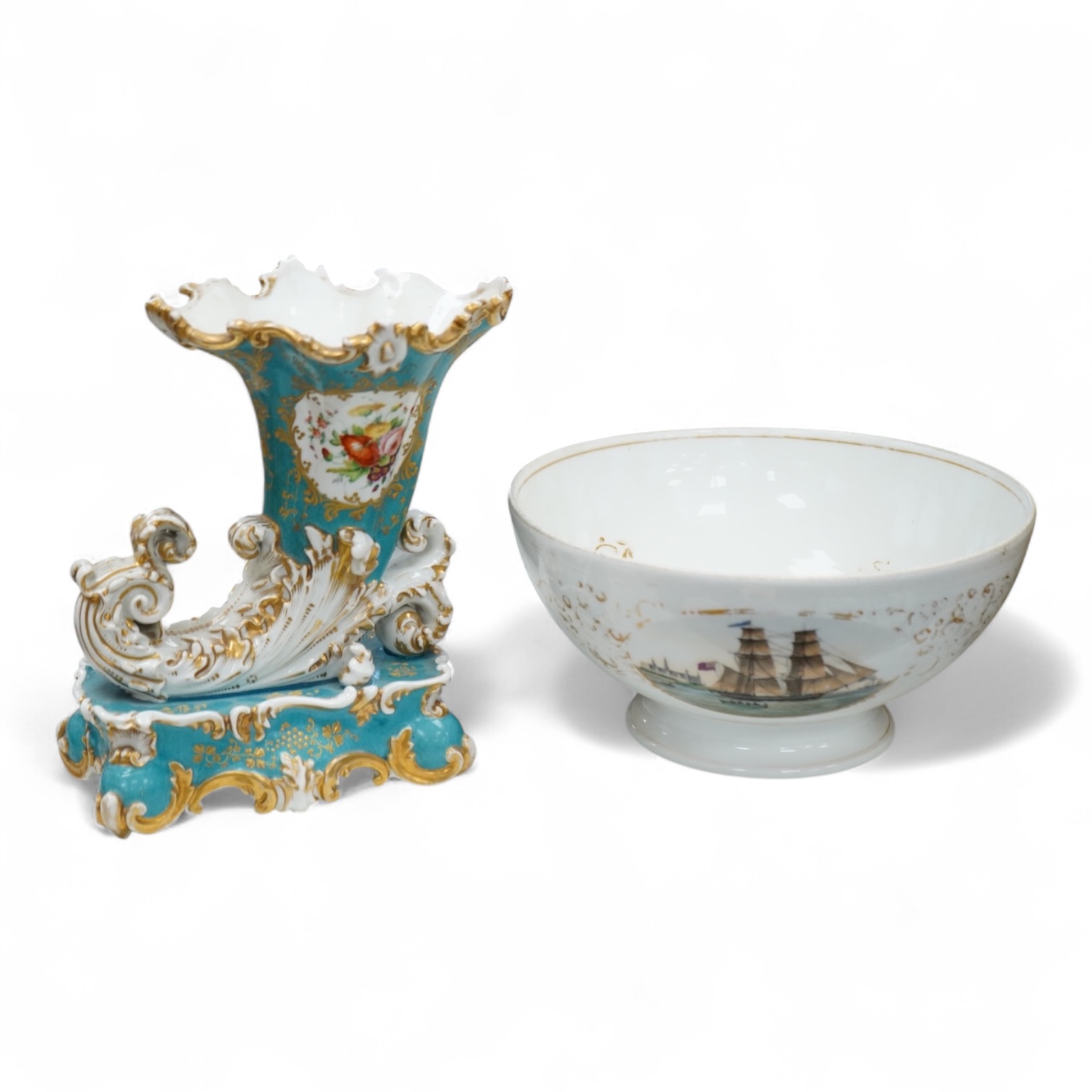 A 19th century French cornucopia vase and a Continental bowl, tallest 26cm